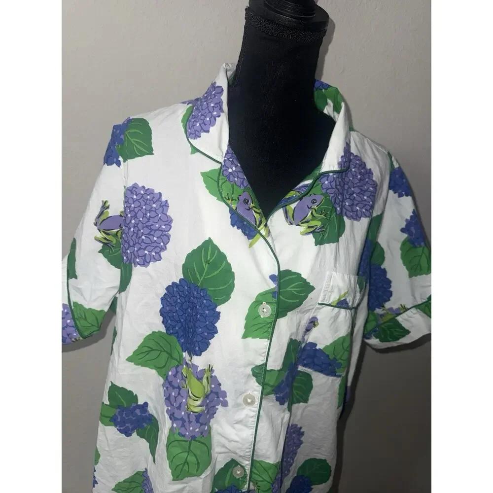 Printfresh Hydrangea Frog Pajama Short Set Green Piping Whimsical Cottagecore 1X